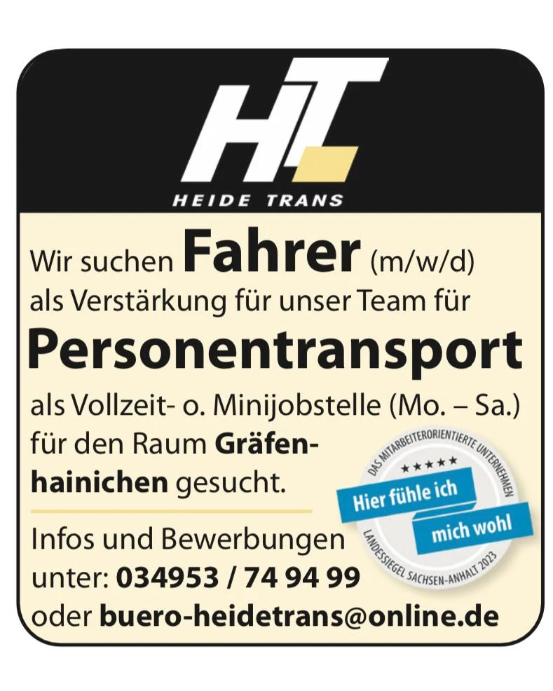 Stellenanzeige Heide-Trans: Fahrer m/w/d für Personentransport in Vollzeit oder Minijob, Mo bis Sa, Raum Gräfenhainichen
